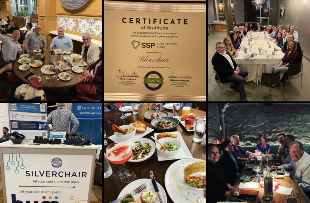 ssp 2022 collage or people having dinner, exhibit booth, and certification of appreciation